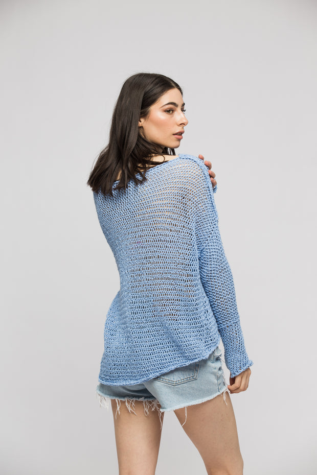 Cotton Linen  blue sweater. - RoseUniqueStyle