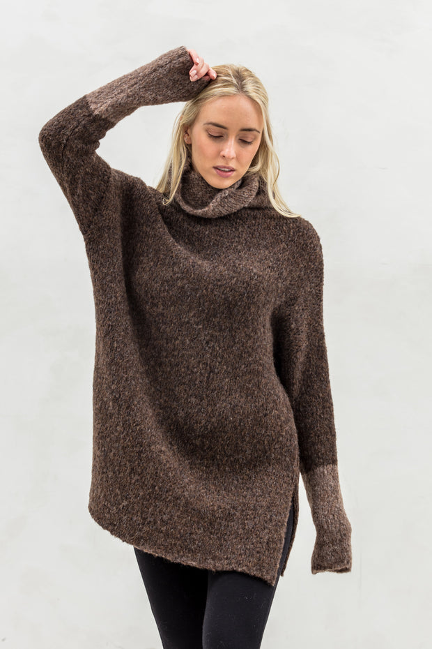 Oversized  alpaca color block sweater dress .