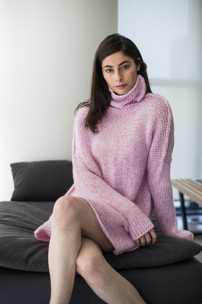 Pink Alpaca chunky knit woman sweater.