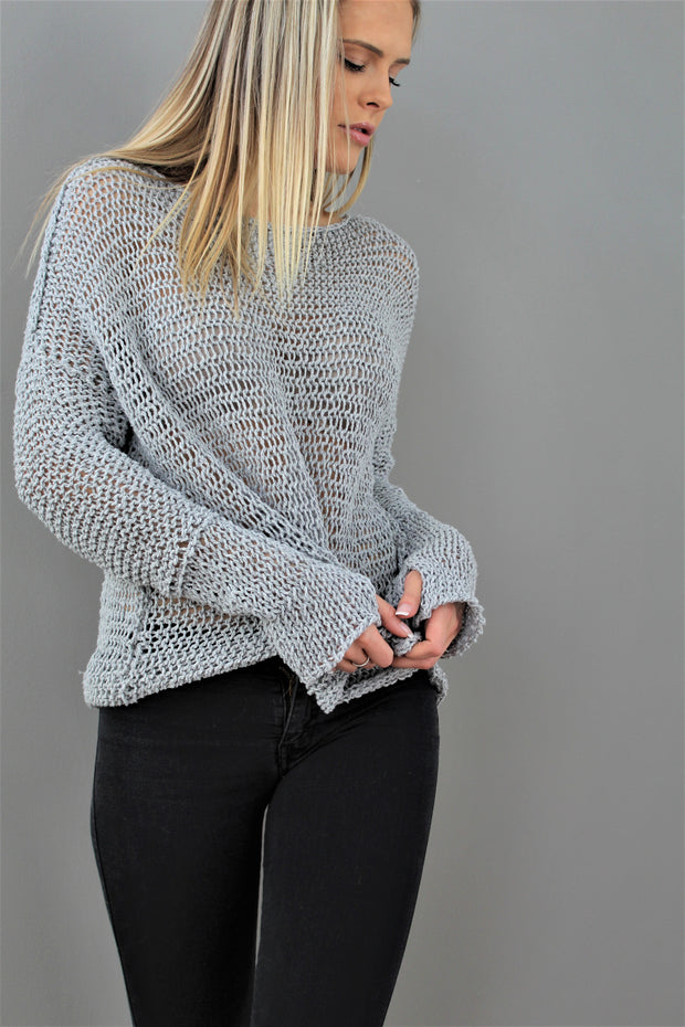 Grey Cotton woman knit sweater. - RoseUniqueStyle