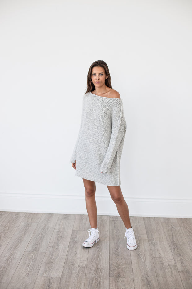 Pearl grey chunky knit alpaca sweater .