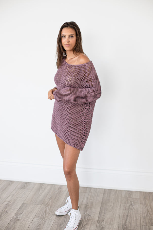 Mauve cotton slouchy knit sweater dress - Roseuniquestyle