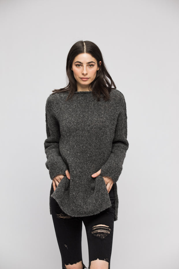 Grey alpaca split sides  sweater. - RoseUniqueStyle