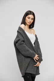 Grey alpaca chunky knit woman cardigan.