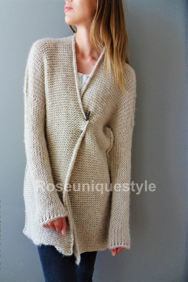 Oatmeal Beige Long Knitted Cardigan With Hood, Oversized Soft and Cozy  Loose Weave Sweater 