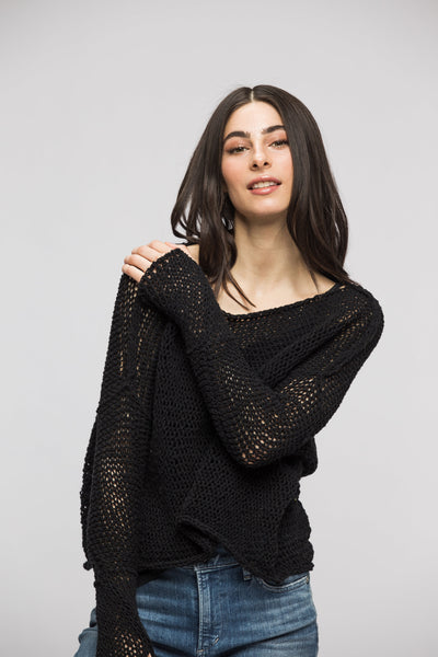 Black Loose knitted sweater . Thumb holes sweater. - RoseUniqueStyle
